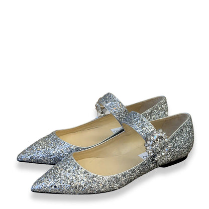 JIMMY CHOO SILVER GLITTER MARY JANES