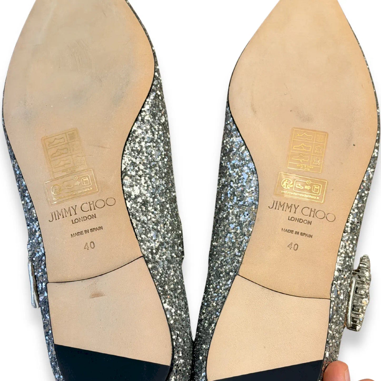 JIMMY CHOO SILVER GLITTER MARY JANES