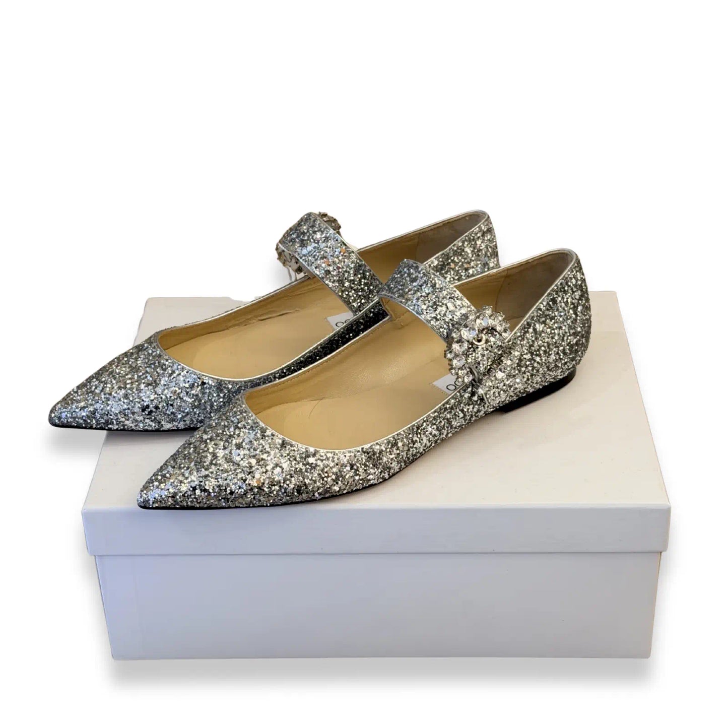 JIMMY CHOO SILVER GLITTER MARY JANES