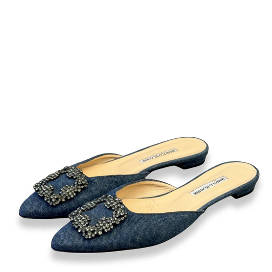 MANOLO BLAHNIK BLUE DENIM HANGISI MULES