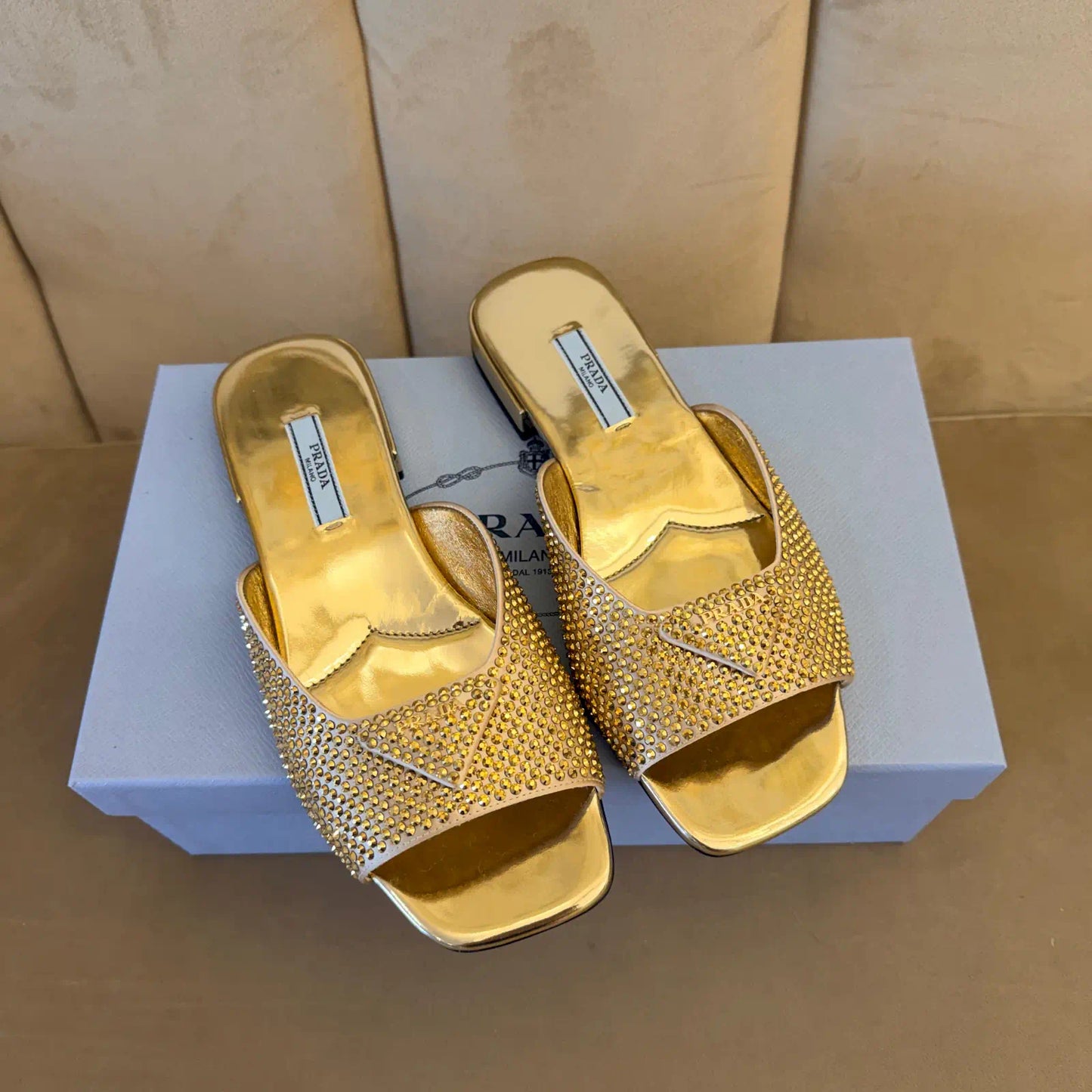 PRADA GOLD CRYSTAL LEATHER SANDALS