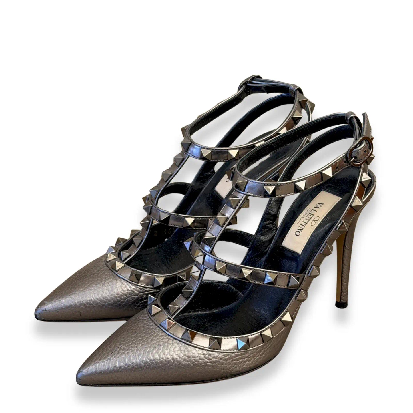 VALENTINO ROCKSTUD METALLIC GREY STILETTOS