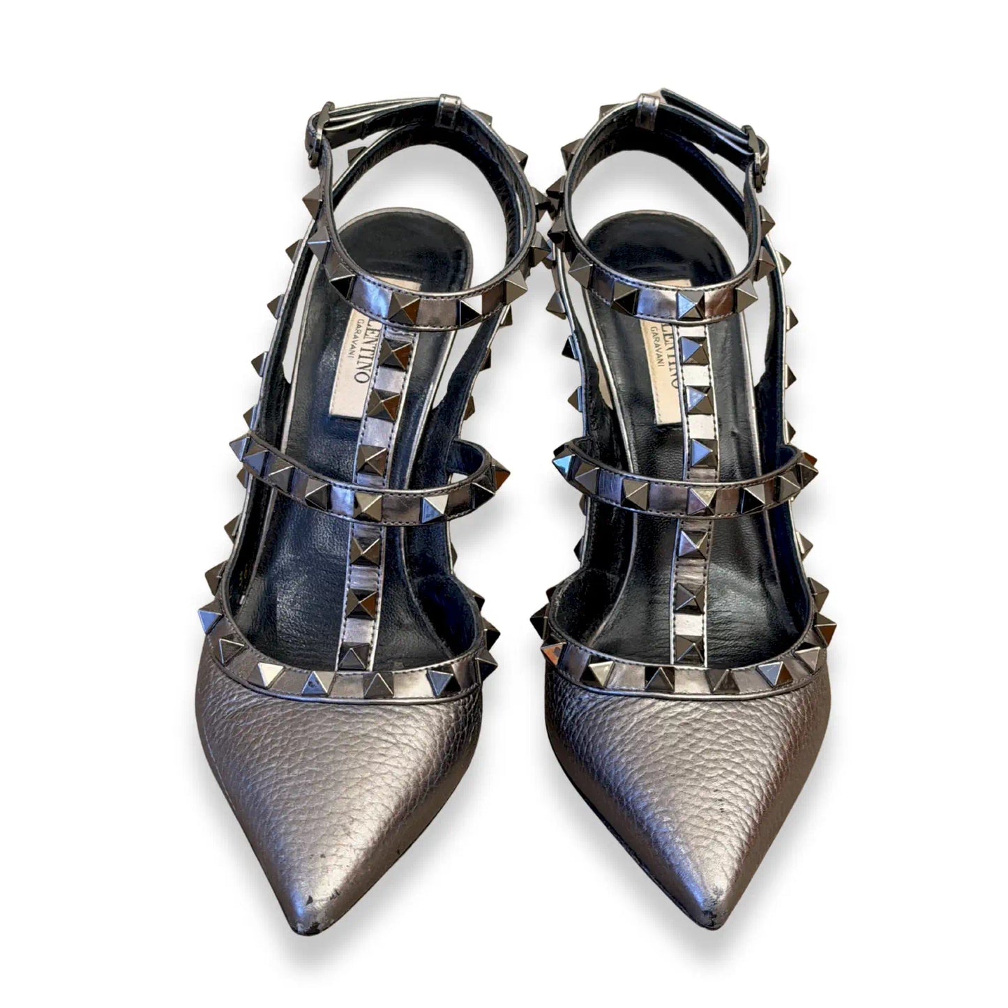 VALENTINO ROCKSTUD METALLIC GREY STILETTOS