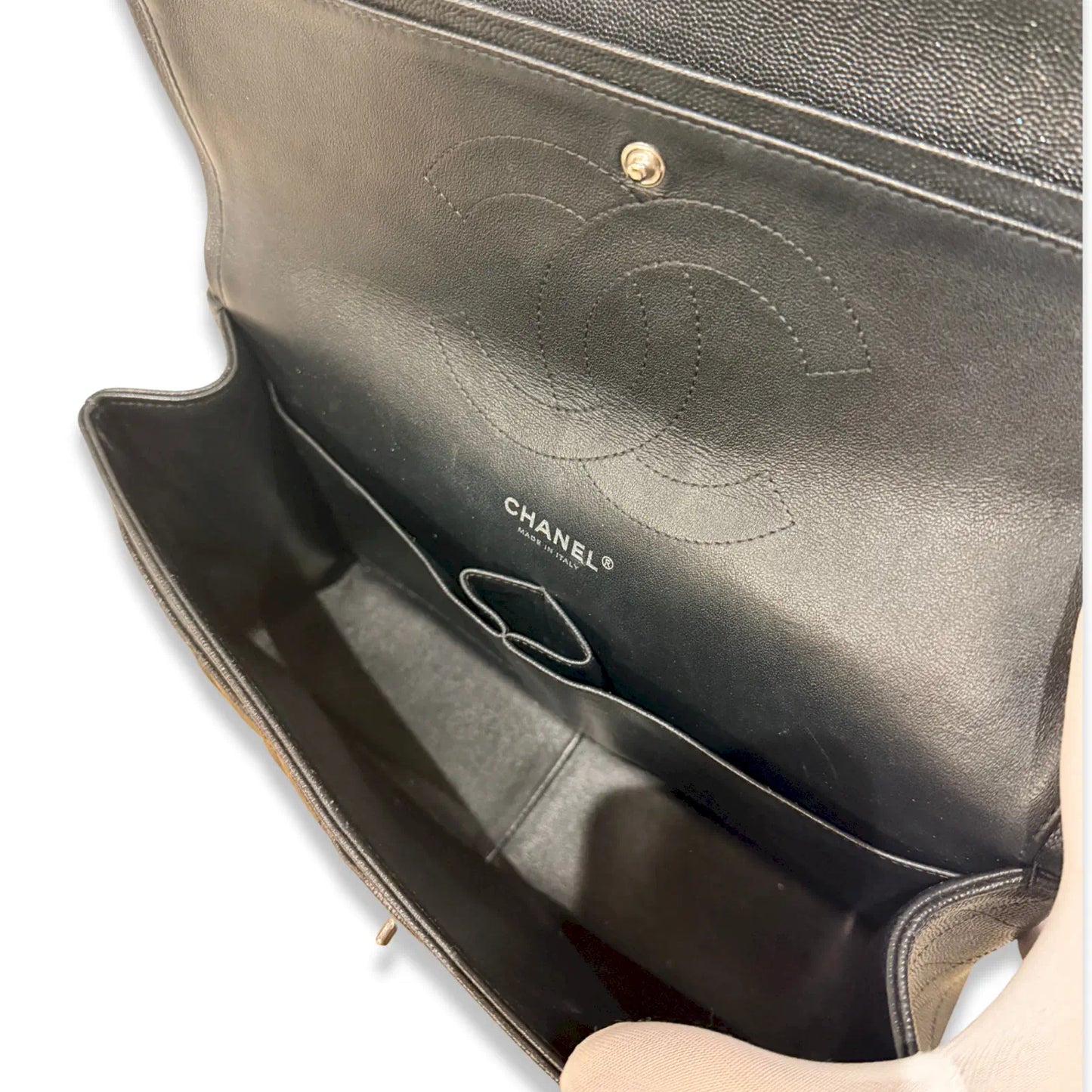 CHANEL SHINY BLACK LARGE CLASSIC FLAP BAG