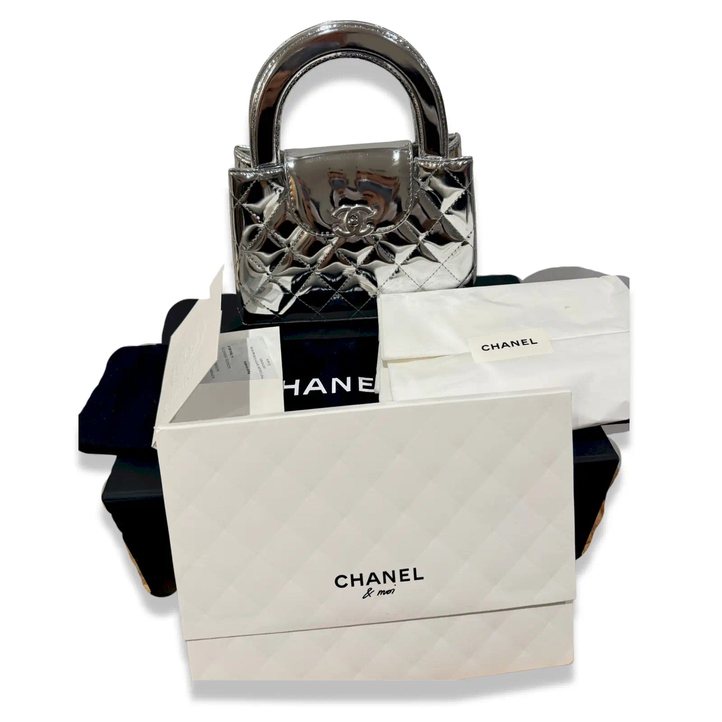 CHANEL SILVER METALLIC MINI SHOPPING BAG