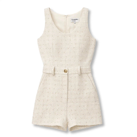 CHANEL WHITE TWEED PEARLS JUMPSUIT