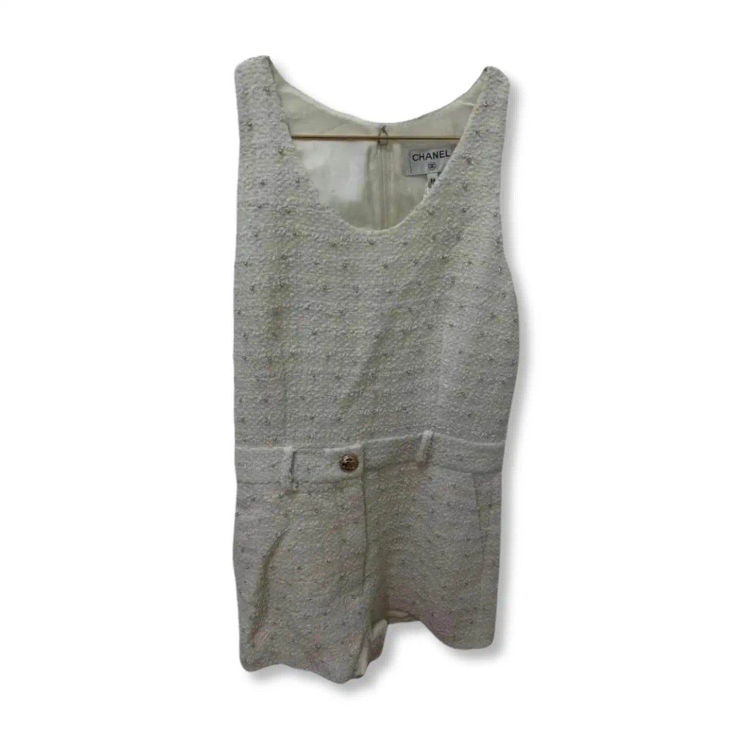 CHANEL WHITE TWEED PEARLS JUMPSUIT