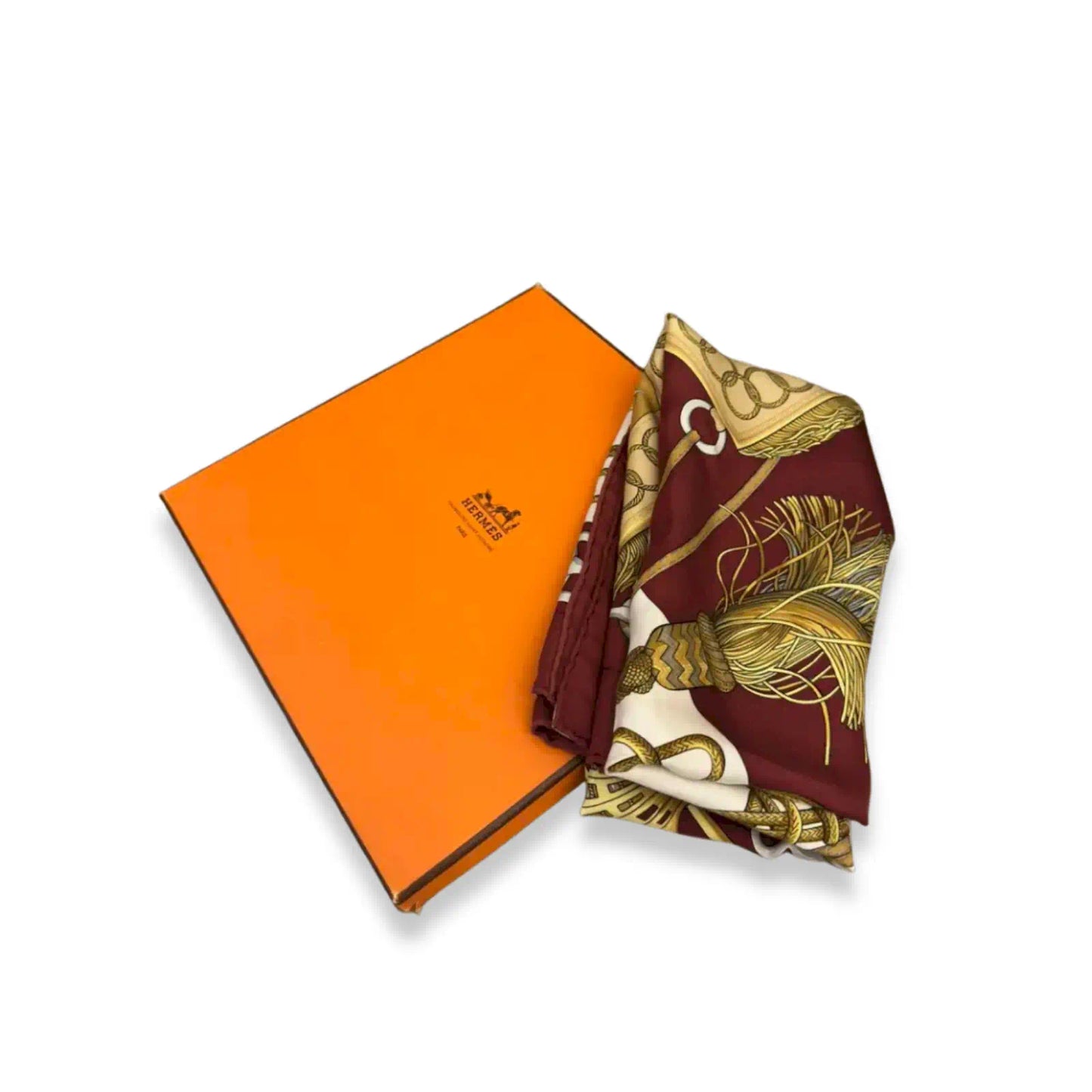 HERMÈS CLIQUETIS BURGUNDY AND GOLD SILK SCARF