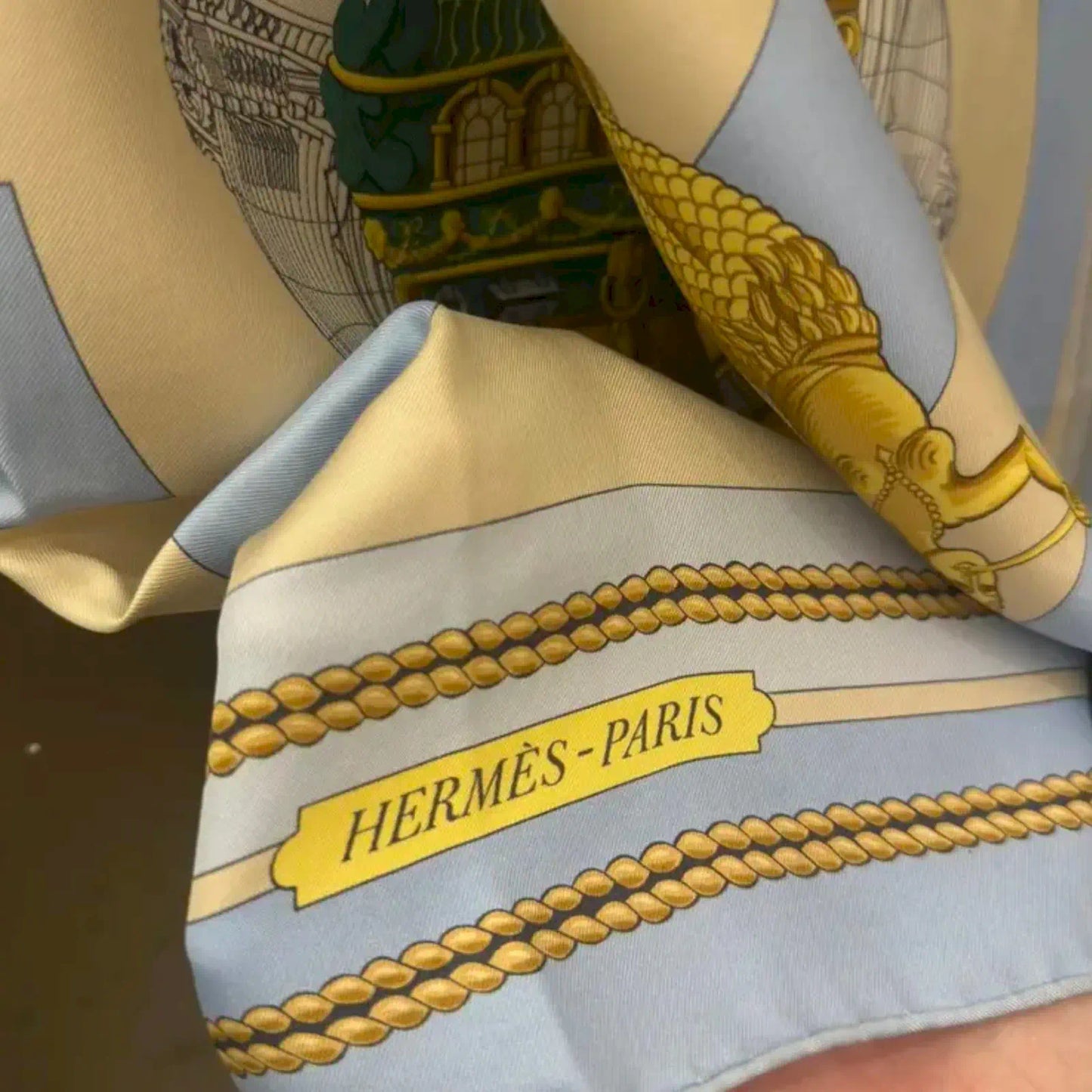 HERMÈS GRANDS FONDS LIGHT BLUE GOLD SILK SCARF
