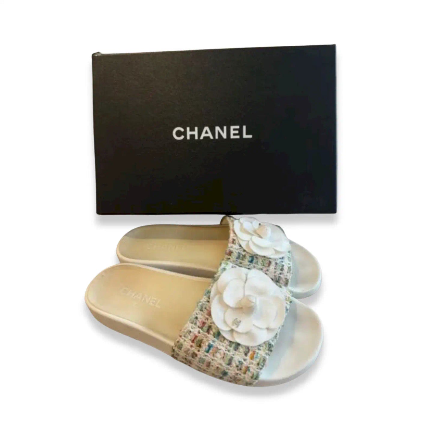 CHANEL WHITE TWEED SANDALS