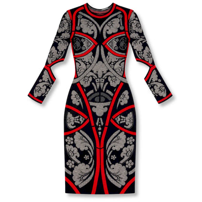 ALEXANDER MCQUEEN BLACK RED & GREY WOOL KNIT DRESS