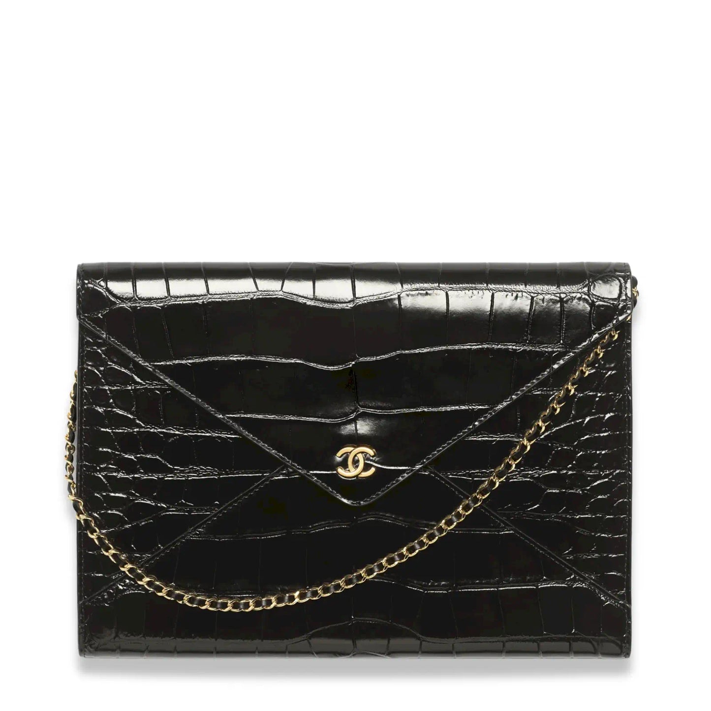 CHANEL BLACK CROCODILE EMBOSSED ENVELOPE CLUTCH BAG