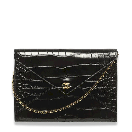 CHANEL BLACK CROCODILE EMBOSSED ENVELOPE CLUTCH BAG