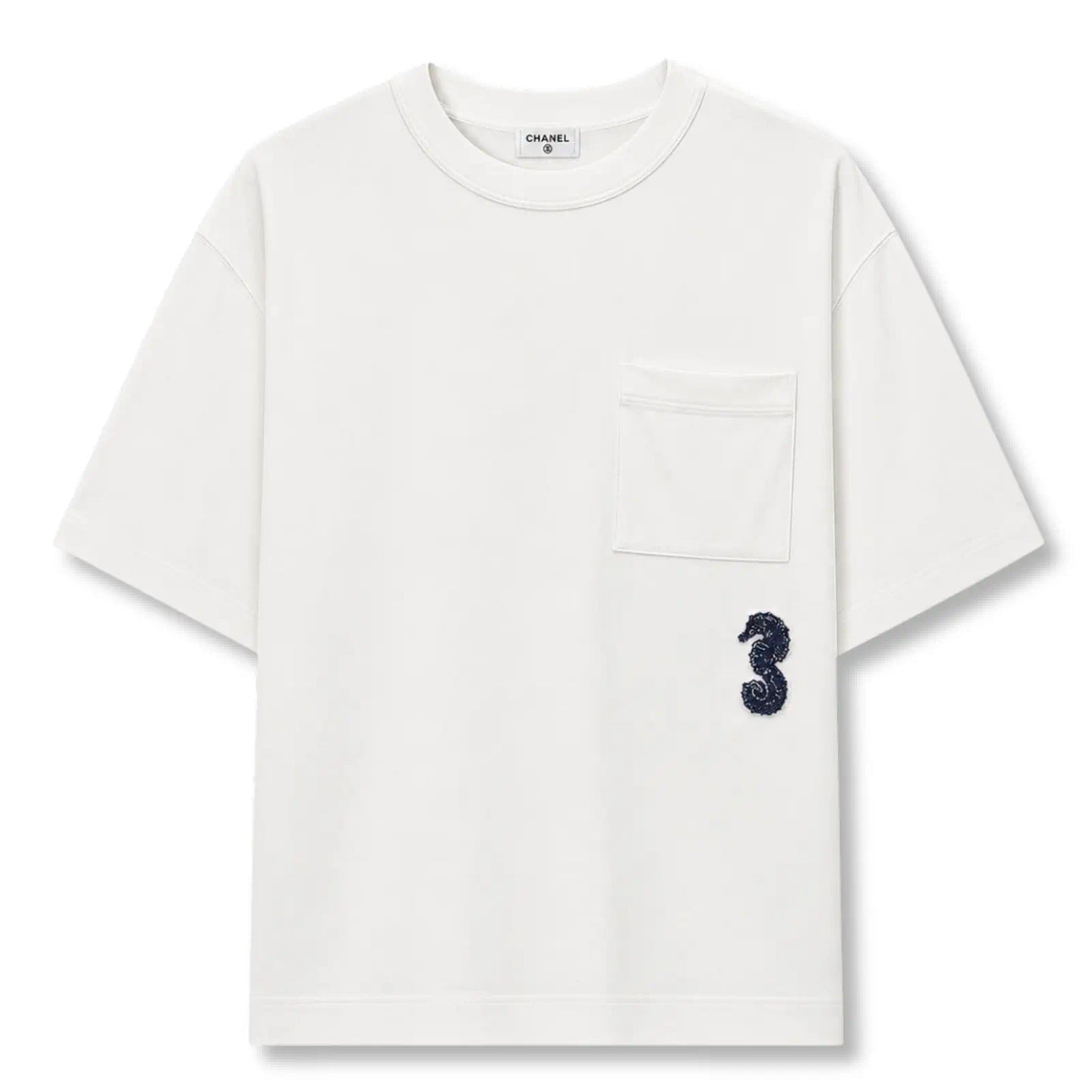 CHANEL WHITE SEAHORSE EMBELLISHED T-SHIRT