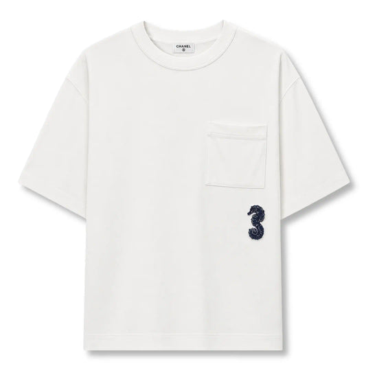 CHANEL WHITE SEAHORSE EMBELLISHED T-SHIRT