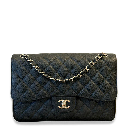 CHANEL BLACK CAVIAR JUMBO CLASSIC DOUBLE FLAP BAG