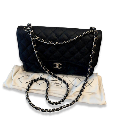 CHANEL BLACK CAVIAR JUMBO CLASSIC DOUBLE FLAP BAG