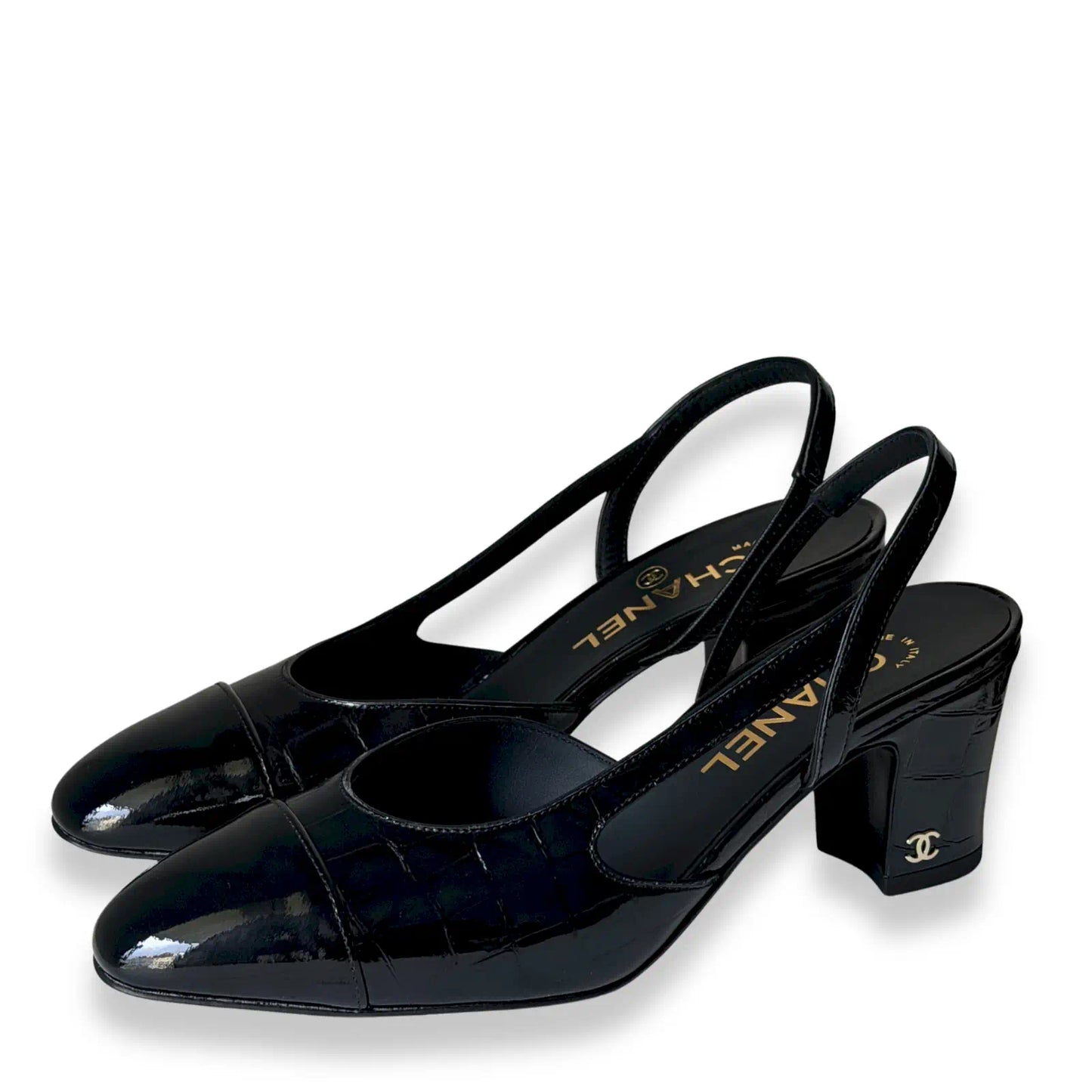 CHANEL BLACK PATENT CROCODILE EMBOSSED SLINGBACK HEELS