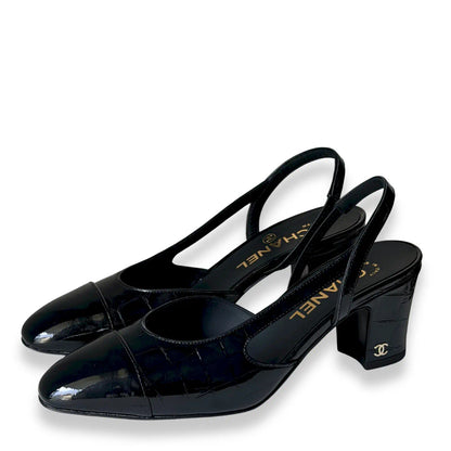 CHANEL BLACK PATENT CROCODILE EMBOSSED SLINGBACK HEELS