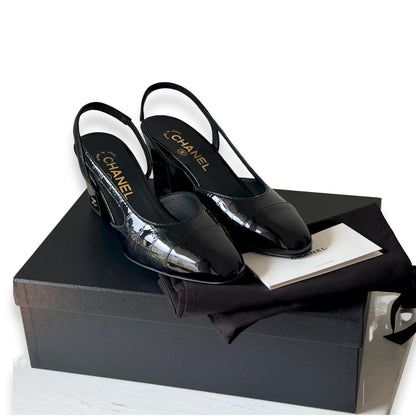 CHANEL BLACK PATENT CROCODILE EMBOSSED SLINGBACK HEELS
