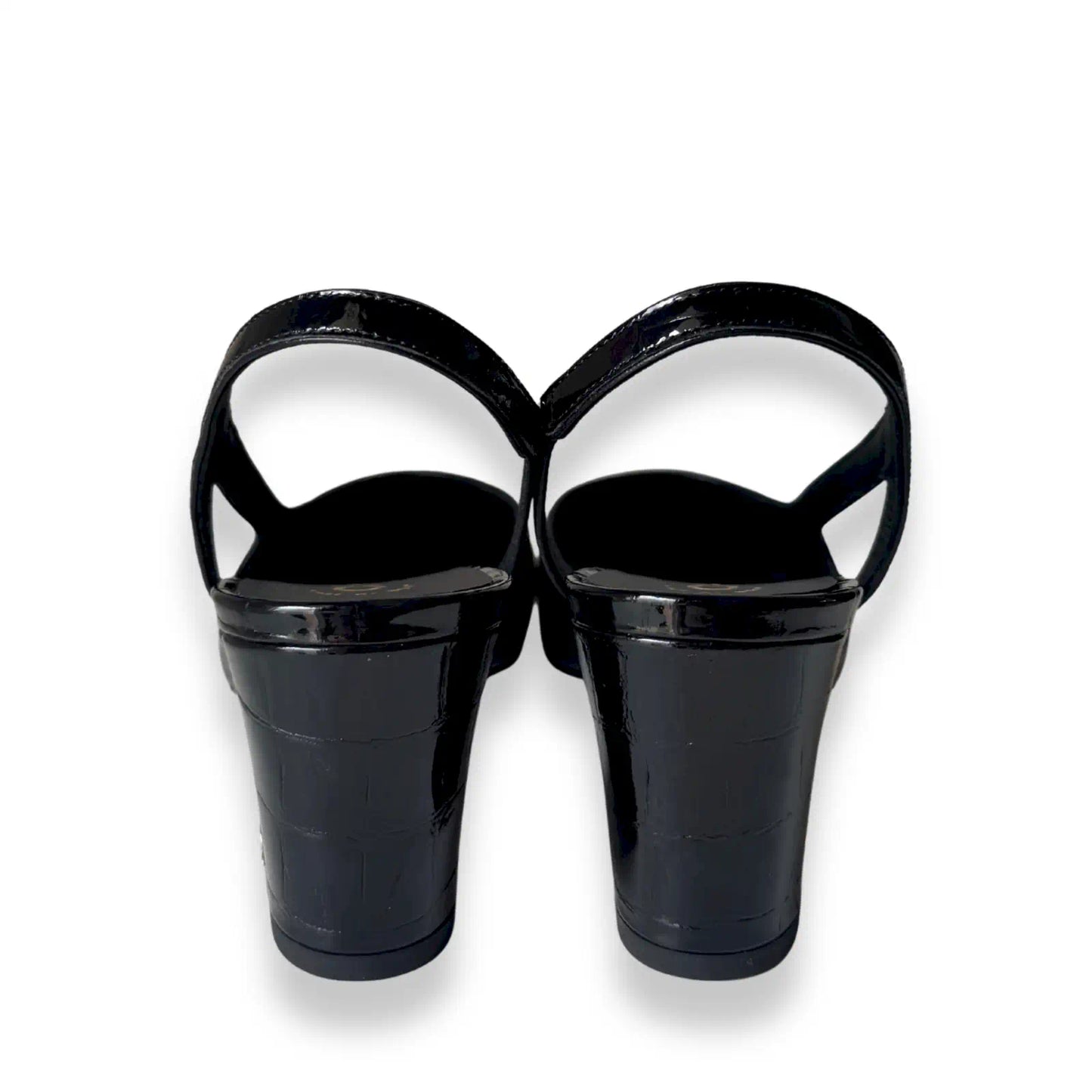 CHANEL BLACK PATENT CROCODILE EMBOSSED SLINGBACK HEELS