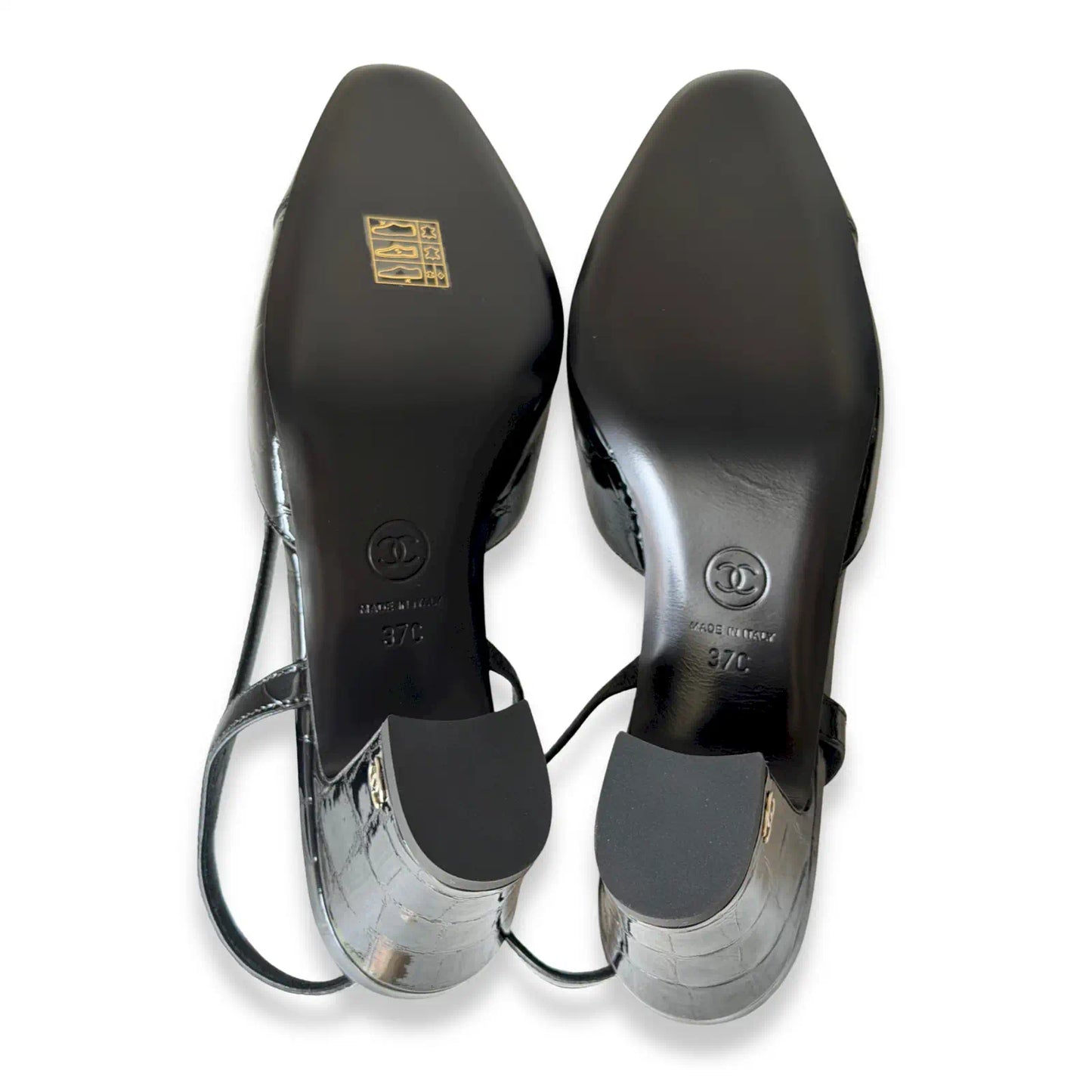 CHANEL BLACK PATENT CROCODILE EMBOSSED SLINGBACK HEELS