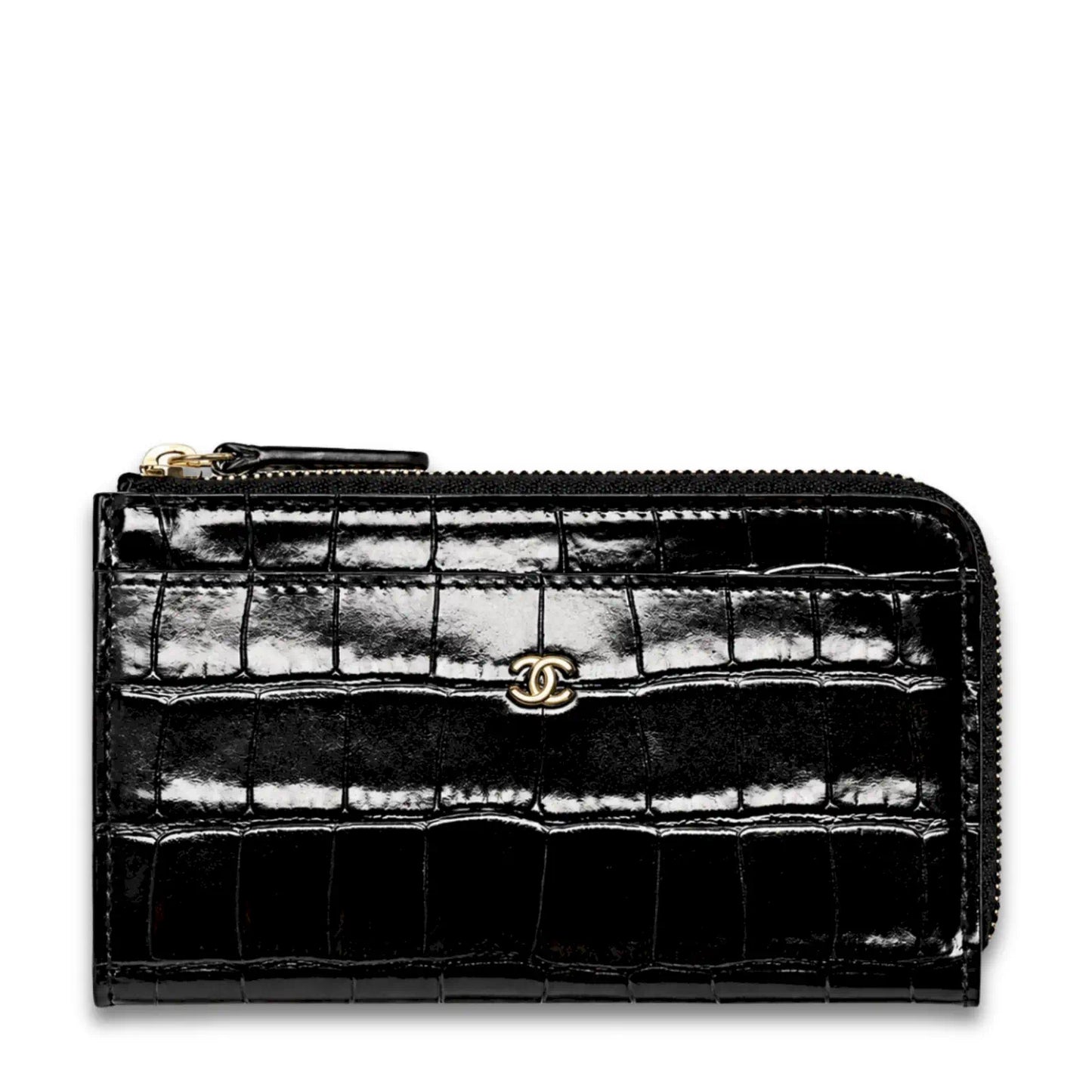 CHANEL BLACK PATENT CROCODILE EMBOSSED ZIP WALLET