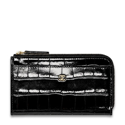 CHANEL BLACK PATENT CROCODILE EMBOSSED ZIP WALLET
