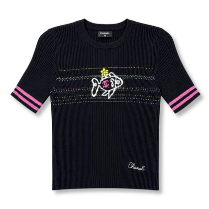 CHANEL BLACK FISH MOTIF KNIT TOP