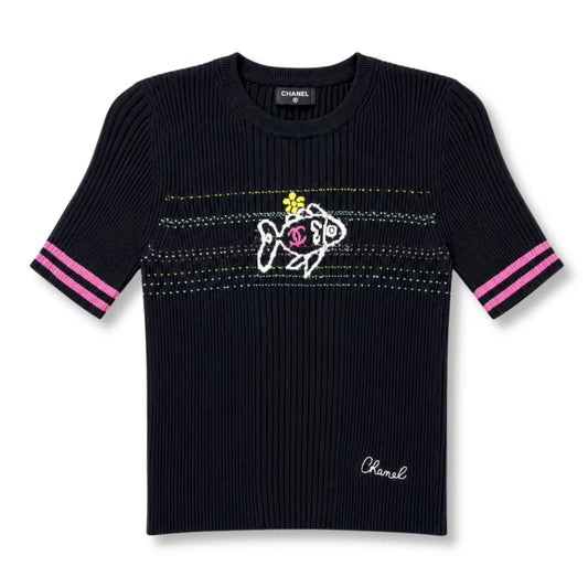 CHANEL BLACK FISH MOTIF KNIT TOP