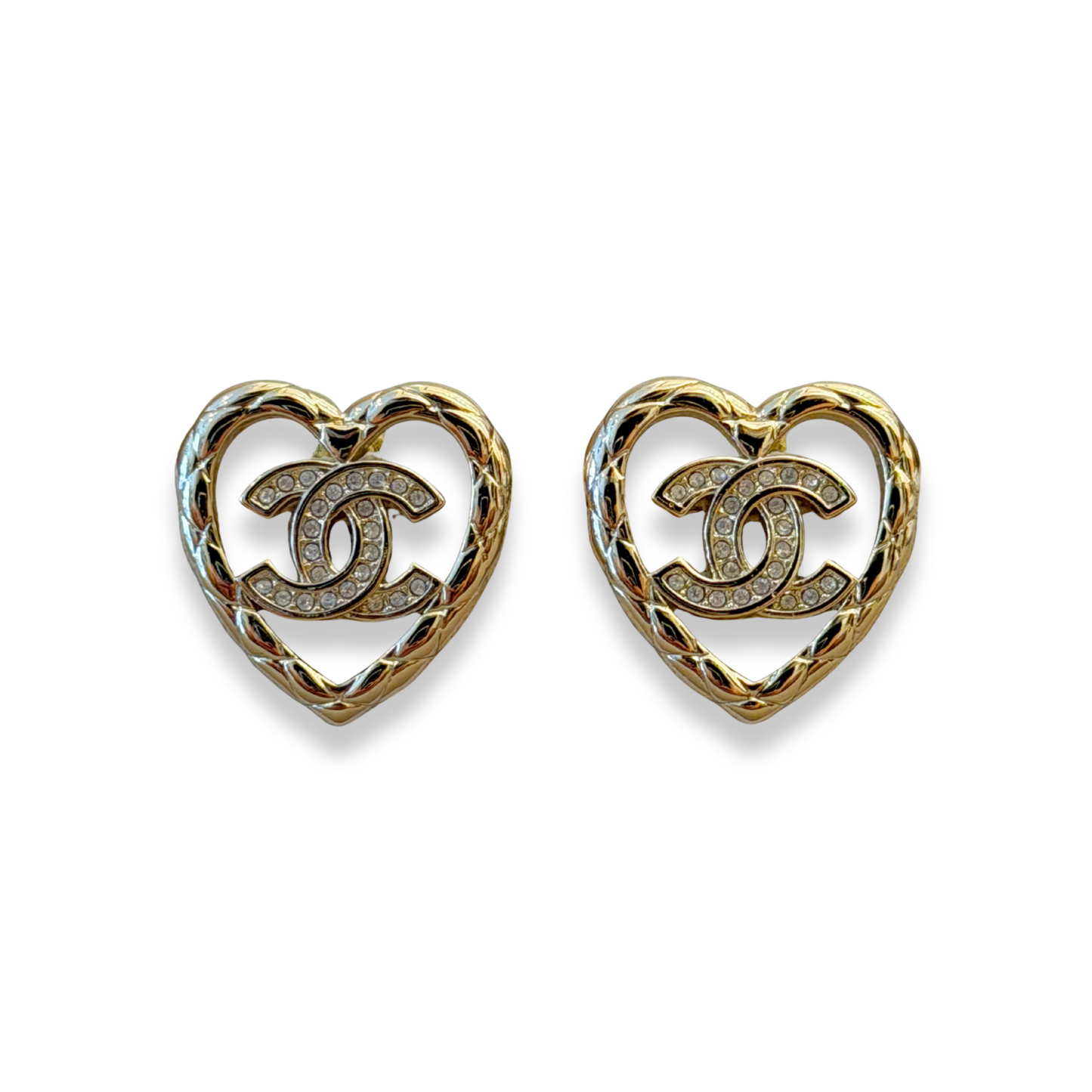 CHANEL GOLD-TONE HEART CC CRYSTAL EARRINGS