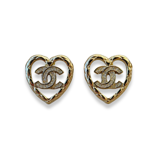 CHANEL GOLD-TONE HEART CC CRYSTAL EARRINGS
