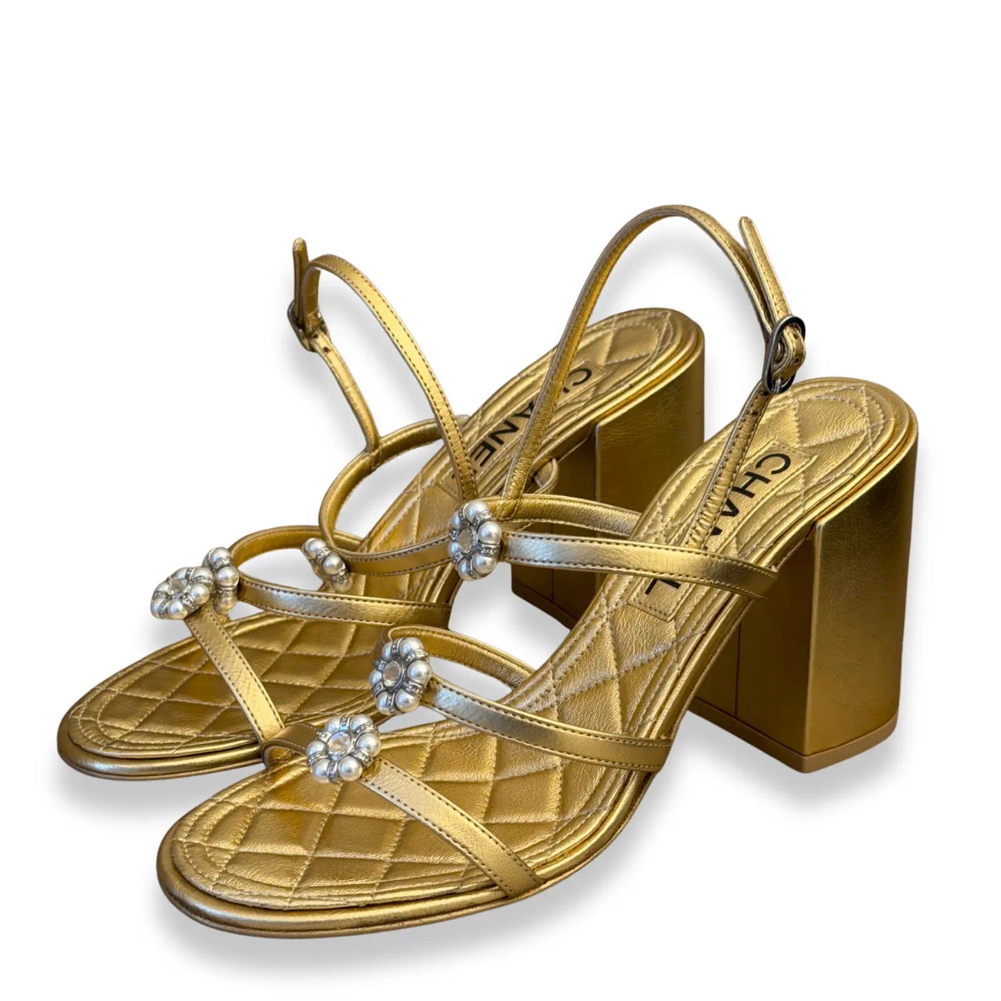CHANEL GOLD PEARL EMBELLISHED SANDALS