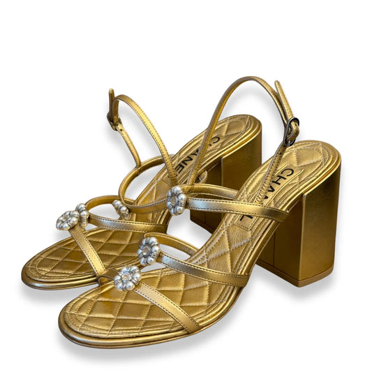 CHANEL GOLD PEARL EMBELLISHED SANDALS