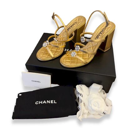 CHANEL GOLD PEARL EMBELLISHED SANDALS
