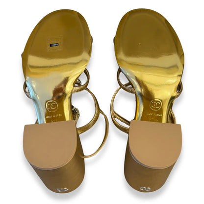 CHANEL GOLD PEARL EMBELLISHED SANDALS