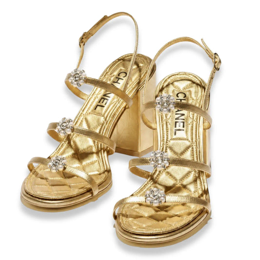 CHANEL GOLD PEARL EMBELLISHED SANDALS