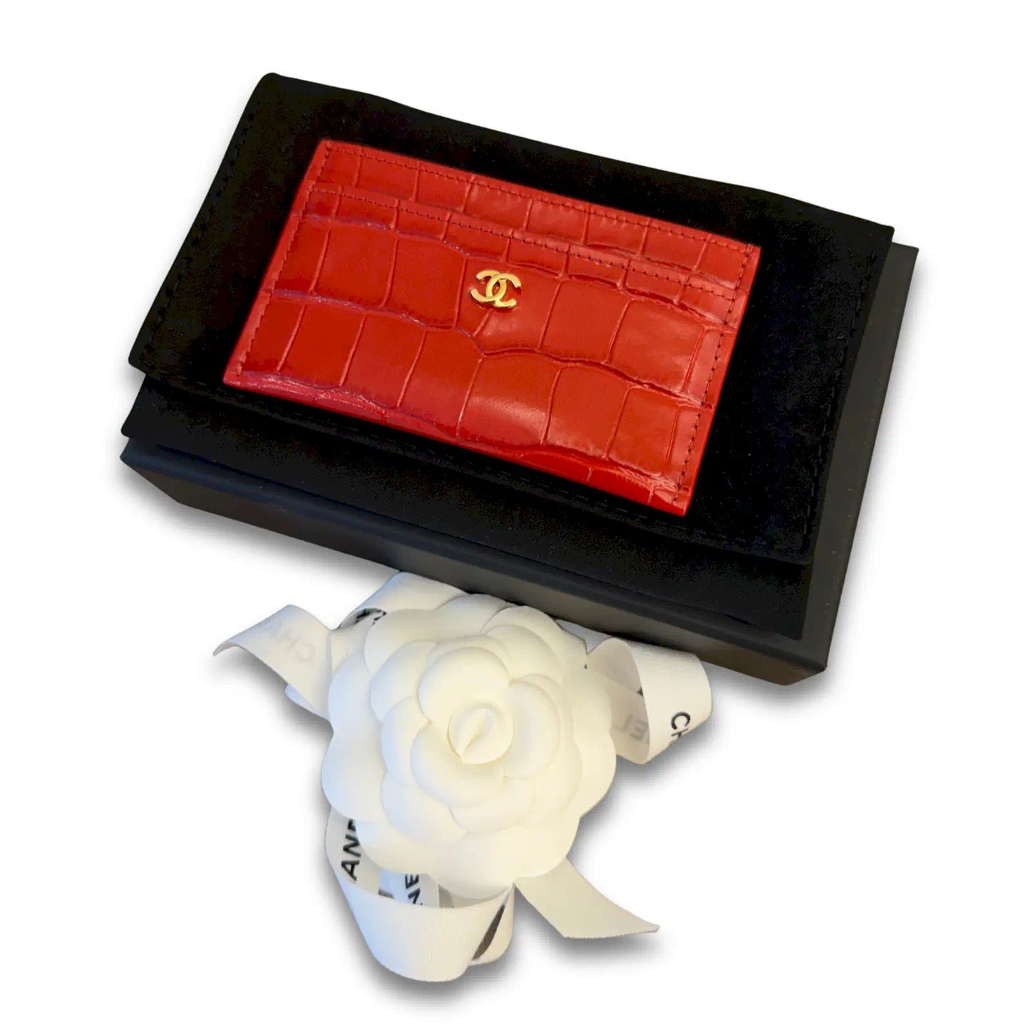 CHANEL RED CROCODILE-EMBOSSED CARD HOLDER