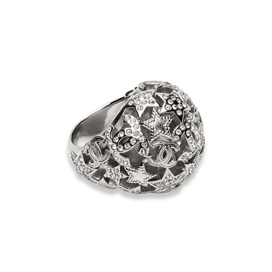 CHANEL SILVER-TONE CRYSTAL CC LOGO DOME RING