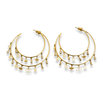 DIOR GOLD-TONE DOUBLE HOOP CHARM EARRINGS