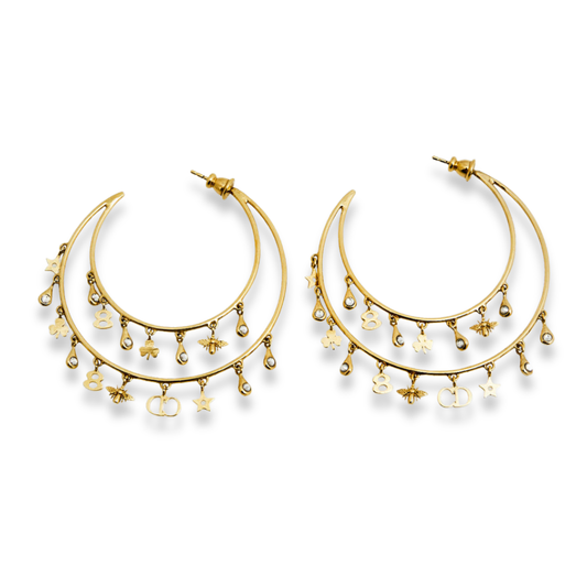 DIOR GOLD-TONE DOUBLE HOOP CHARM EARRINGS
