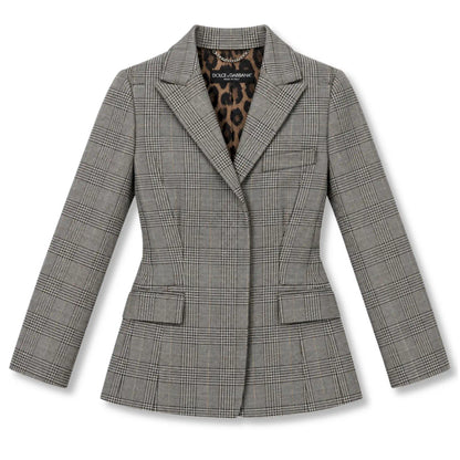 DOLCE & GABBANA GREY CHECK LEOPARD-LINED BLAZER
