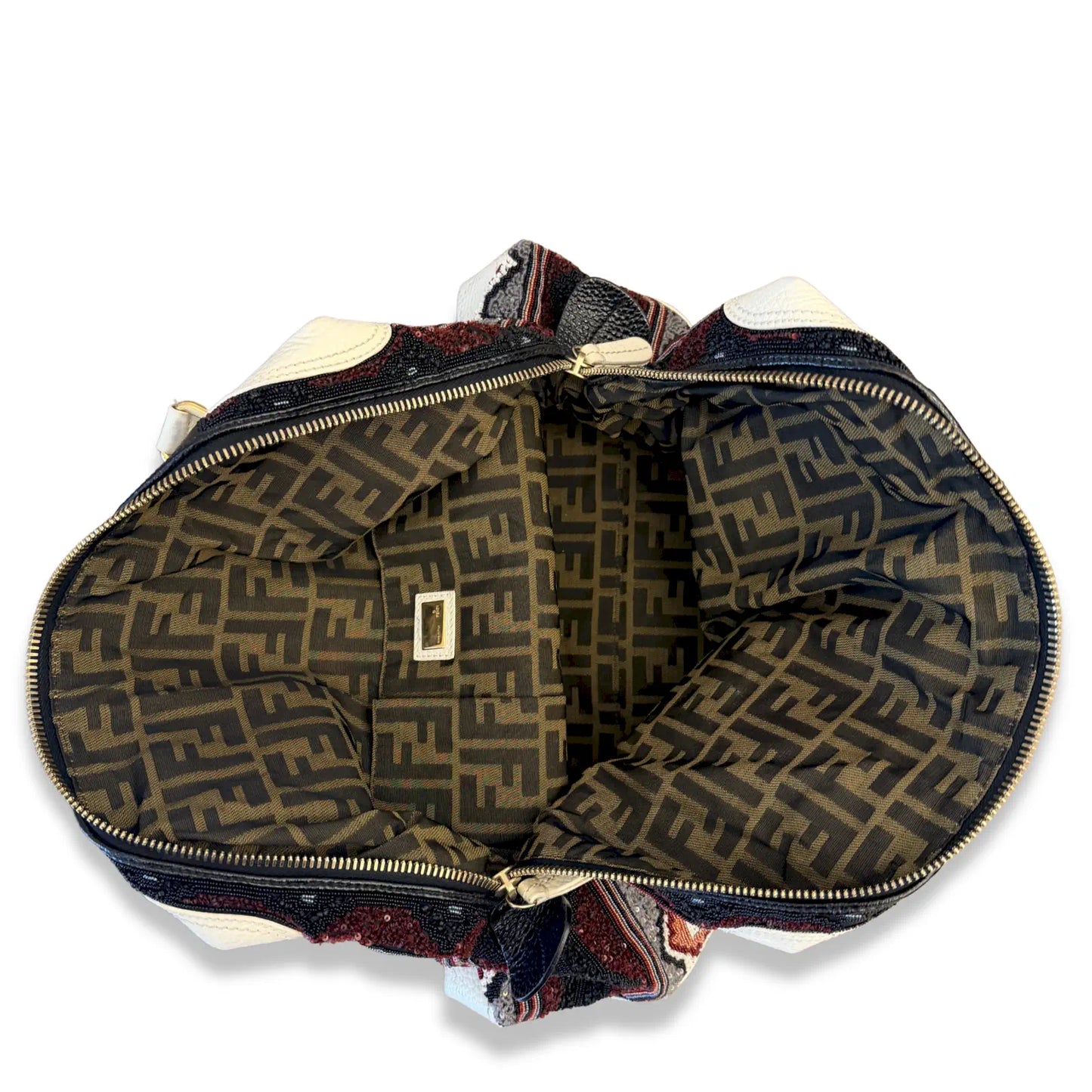 FENDI MULTICOLOR TAPESTRY LEATHER BOSTON BAG