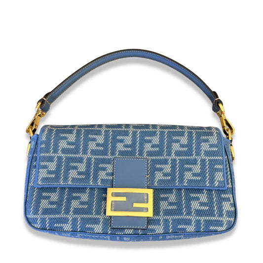 FENDI BLUE FF JACQUARD DENIM BAGUETTE BAG