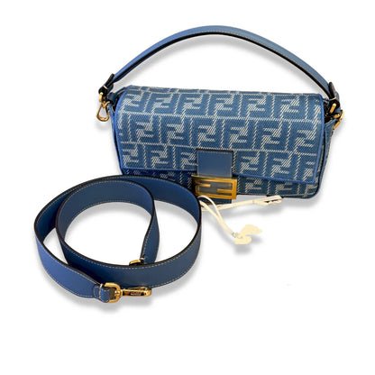 FENDI BLUE FF JACQUARD DENIM BAGUETTE BAG