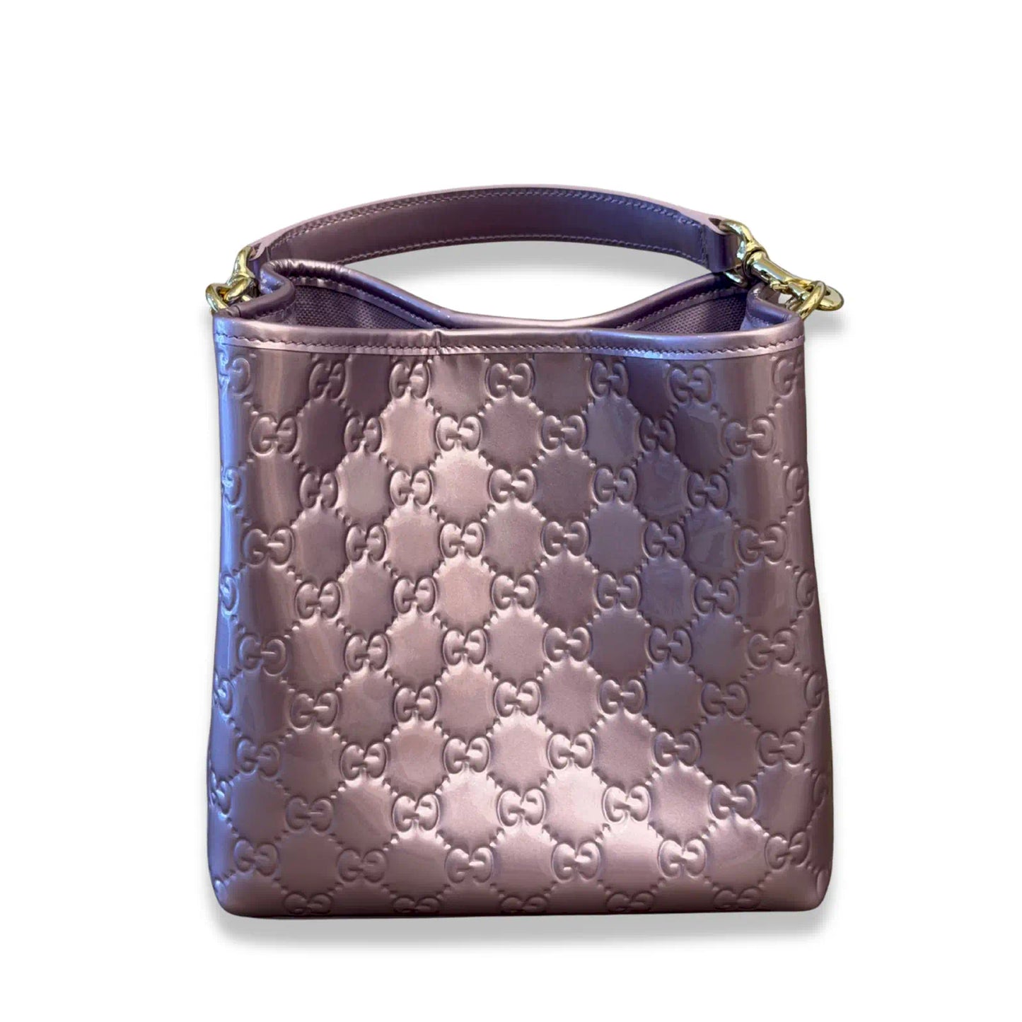 GUCCI LILAC GG EMBLEM SMALL BUCKET BAG