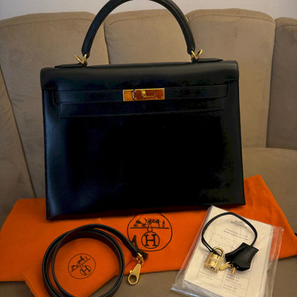 HERMÈS BLACK KELLY 32 VINTAGE BOX LEATHER BAG