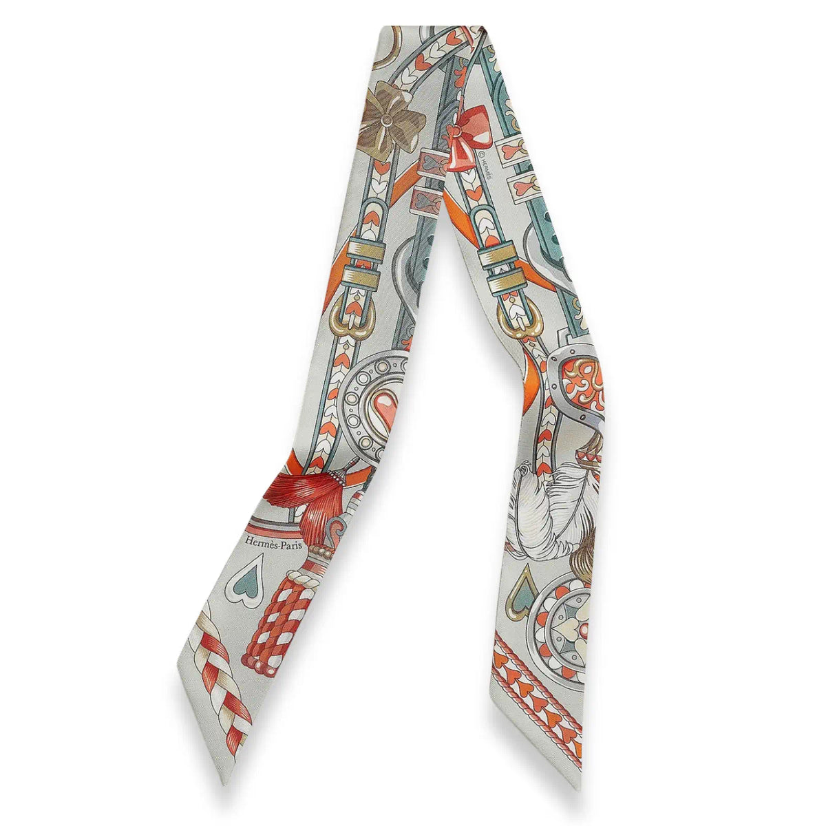 HERMÈS HARNAIS DE CŒUR GREY & ORANGE SILK TWILLY SCARF