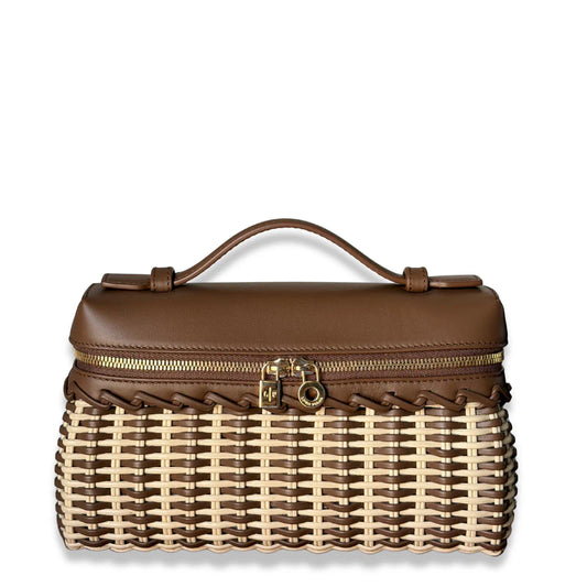 LORO PIANA EXTRA POCKET L19 WICKER & BROWN LEATHER BAG
