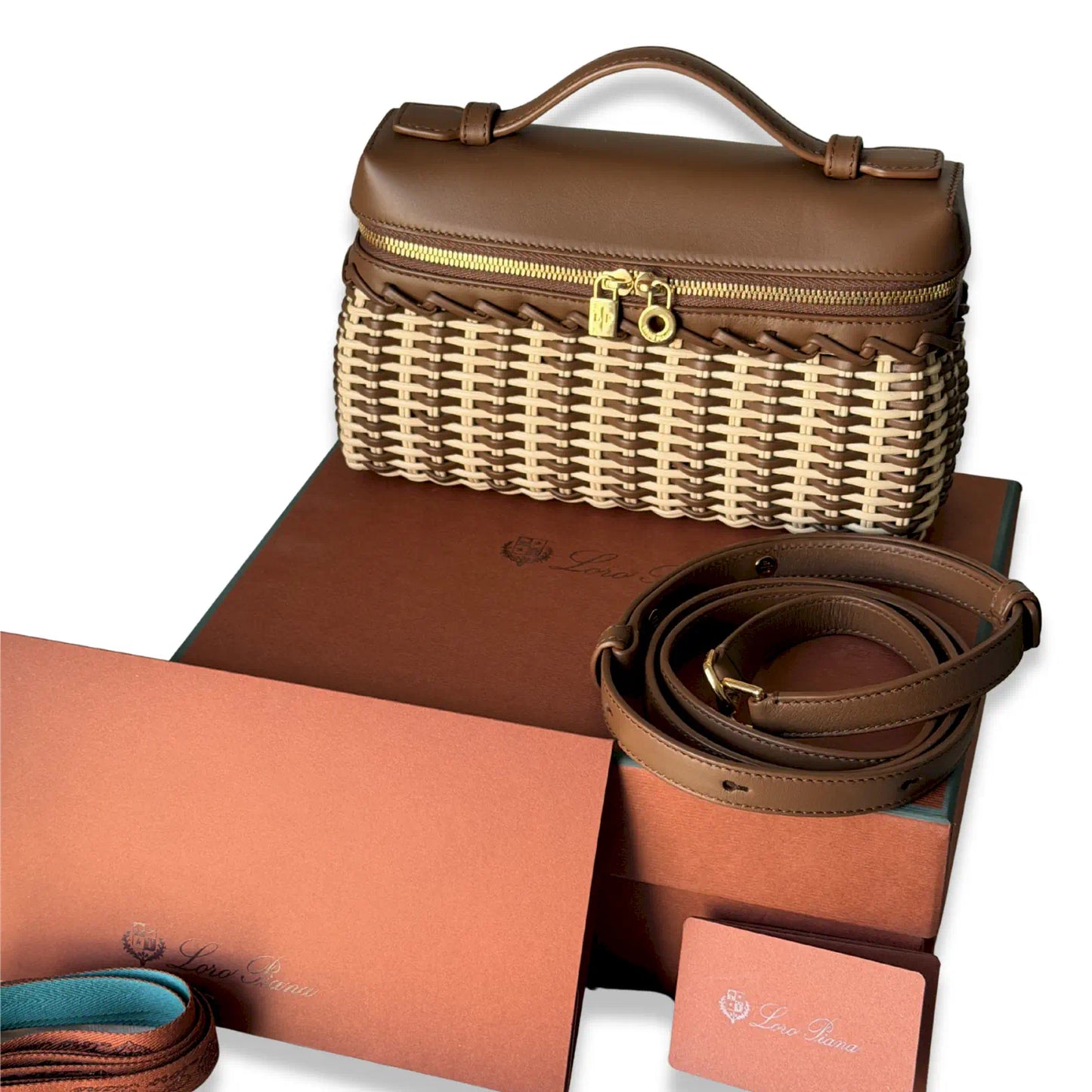 LORO PIANA EXTRA POCKET L19 WICKER & BROWN LEATHER BAG